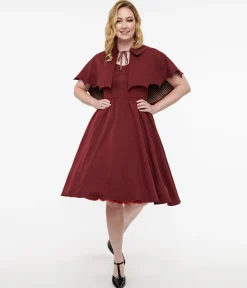 Disney Hocus Pocus Collection by Unique Vintage Burgundy & Grey Plaid Hocus Pocus Capelet Swing Dress