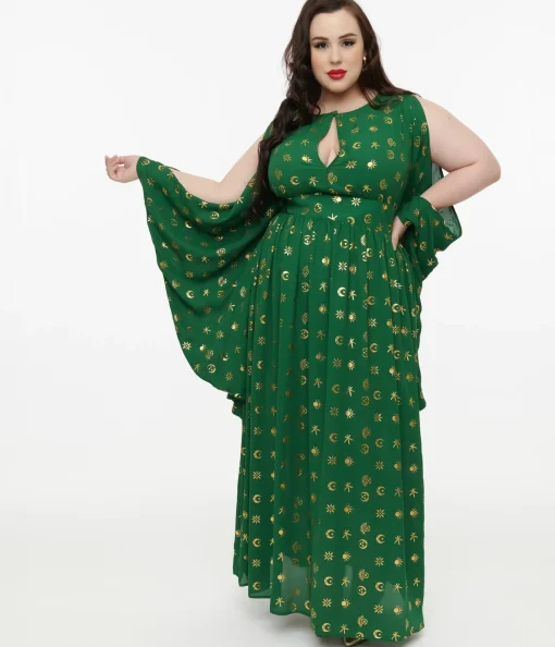 Disney Hocus Pocus Collection by Unique Vintage Plus Size Green & Gold Moon Print Caftan