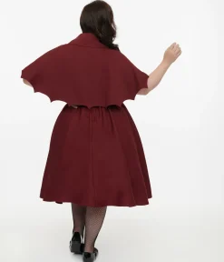Disney Hocus Pocus Collection by Unique Vintage Plus Size Burgundy & Grey Plaid Hocus Pocus Capelet Swing Dress
