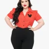 Disney Mickey & Friends Collection by Unique Vintage Plus Size Red Pin Dot Mickey Mouse Silhouette Cotton Blouse