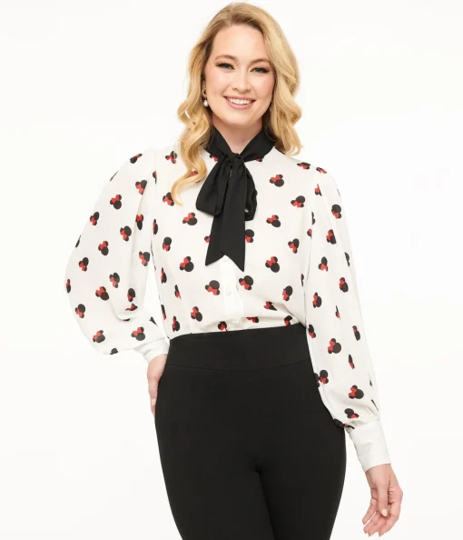 Disney Mickey & Friends Collection by Unique Vintage White Minnie Mouse Stamp Print Gwen Blouse