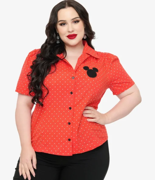Disney Mickey & Friends Collection by Unique Vintage Plus Size Red Pin Dot Mickey Mouse Silhouette Cotton Blouse
