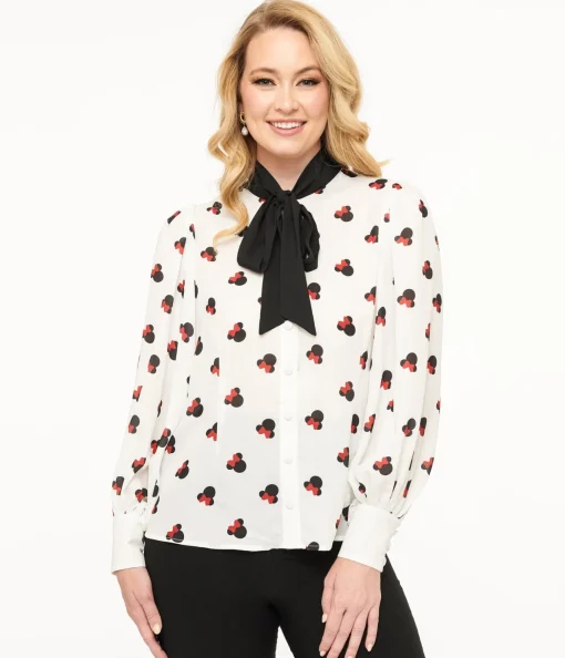 Disney Mickey & Friends Collection by Unique Vintage White Minnie Mouse Stamp Print Gwen Blouse