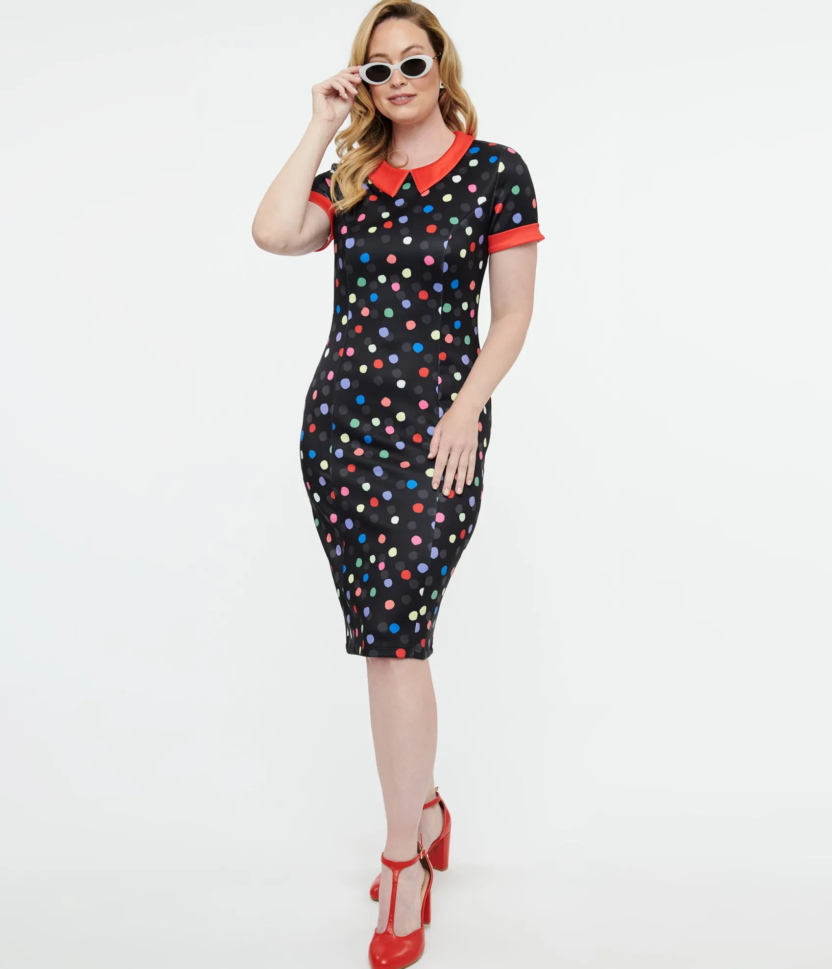 Dolly & Dotty 1950s Black & Rainbow Polka Dot Toni Wiggle Dress