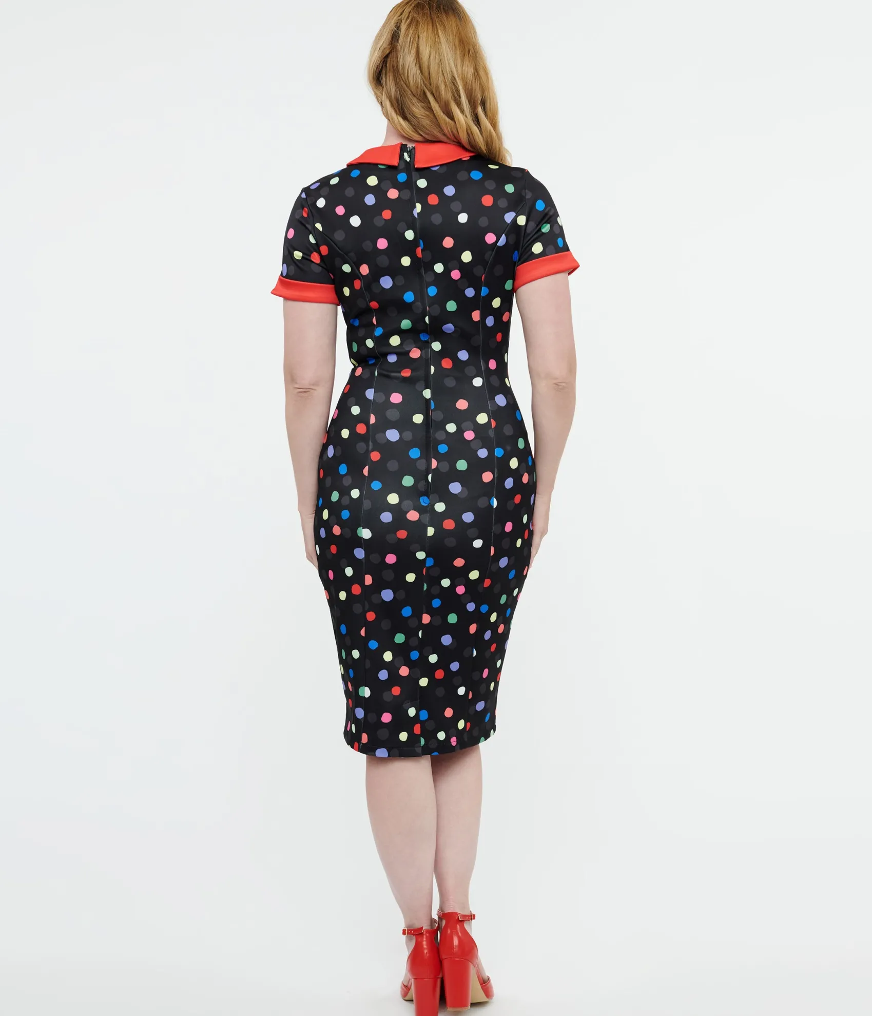 Dolly & Dotty 1950s Black & Rainbow Polka Dot Toni Wiggle Dress