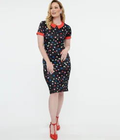 Dolly & Dotty 1950s Black & Rainbow Polka Dot Toni Wiggle Dress