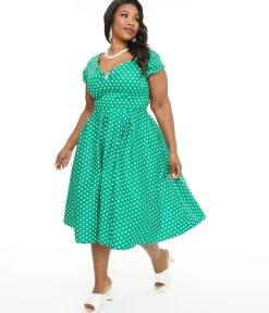 Dolly & Dotty 1950s Green & White Polka Dot Off The Shoulder Lily Swing Dress