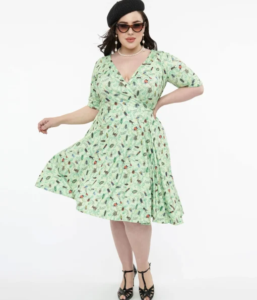 Dolly & Dotty 1950s Mint Green Nothing But Bugs Print Matilda Wrap Dress