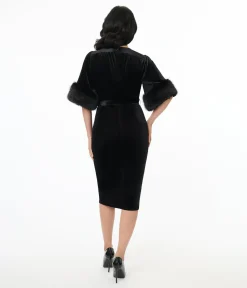 Elle Rebel 1940s Black Velvet Fifth Avenue Wrap Pencil Dress