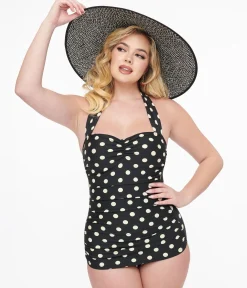 Esther Williams 1950s Black & White Polka Dot One Piece Swimsuit