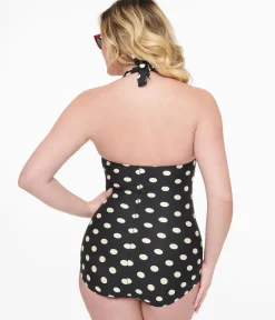 Esther Williams 1950s Black & White Polka Dot One Piece Swimsuit