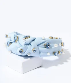 Faux Pearl & Blue Rhinestone Studded Baby Blue Knot Headband