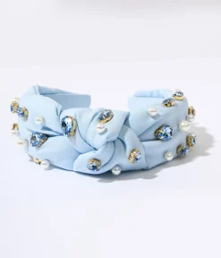 Faux Pearl & Blue Rhinestone Studded Baby Blue Knot Headband