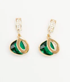 Gold & Emerald Green Rhinestone Drop Earrings