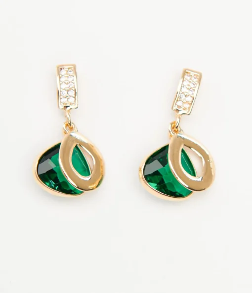 Gold & Emerald Green Rhinestone Drop Earrings