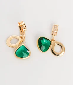 Gold & Emerald Green Rhinestone Drop Earrings