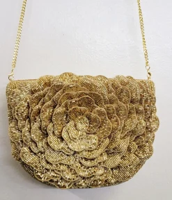 Gold Flower Beaded Crossbody Bag