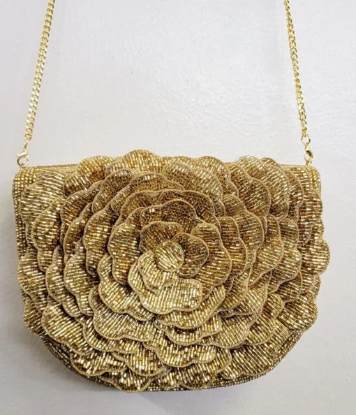 Gold Flower Beaded Crossbody Bag