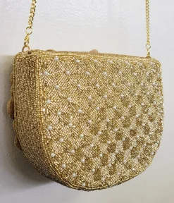 Gold Flower Beaded Crossbody Bag