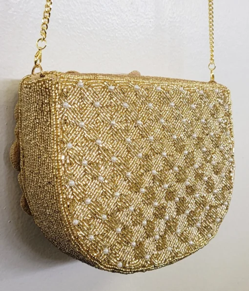 Gold Flower Beaded Crossbody Bag