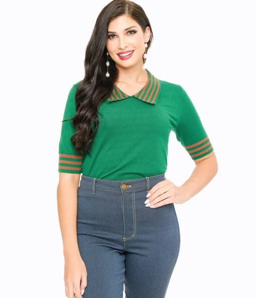 Green & Orange Striped Collar Knit Sweater