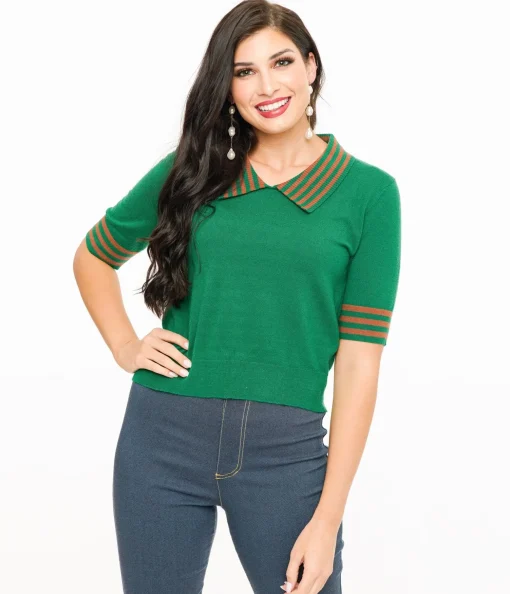 Green & Orange Striped Collar Knit Sweater