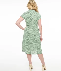 Green & White Ditsy Floral Print Button Up Midi Dress