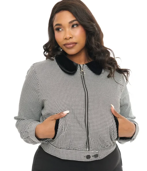 Hell Bunny Plus Size 1940s Black & White Houndstooth Teddy Jacket