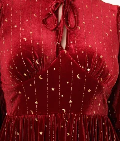Hell Bunny Red Velvet & Gold Star Midi Dress