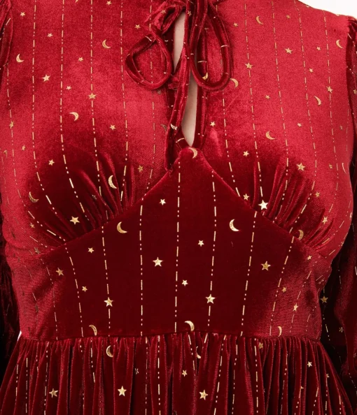 Hell Bunny Red Velvet & Gold Star Midi Dress