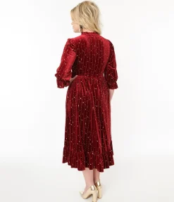 Hell Bunny Red Velvet & Gold Star Midi Dress