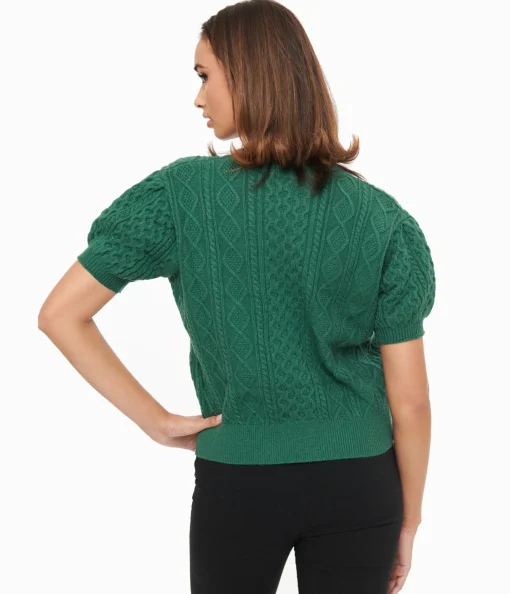 Hunter Green Cable Knit Short Sleeve Sweater