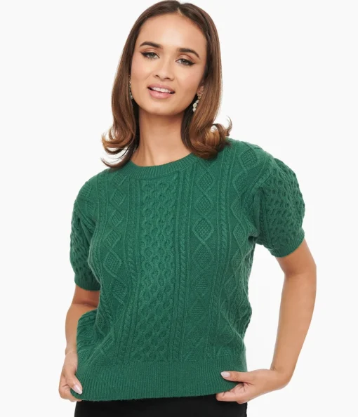 Hunter Green Cable Knit Short Sleeve Sweater