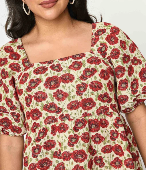 Ivory & Red Floral Kiss Jacquard Fit & Flare Dress