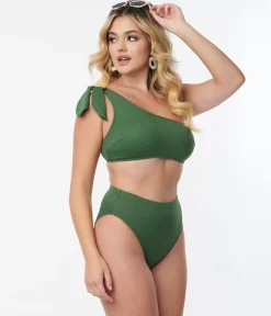 Kingdom & State Green Texture One Shoulder Swim Top