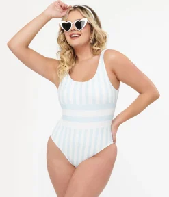 Light Blue & White Stripe One Piece Swimsuit