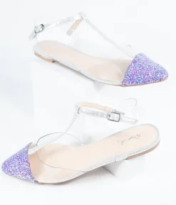Lilac Purple Glitter & Clear Vinyl T-Strap Flats
