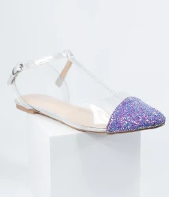 Lilac Purple Glitter & Clear Vinyl T-Strap Flats