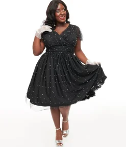 Magnolia Place Plus Size 1950s Black Faux Pearl Swing Dress