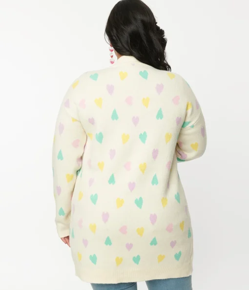 Magnolia Place Plus Size Cream & Pastel Hearts Cardigan