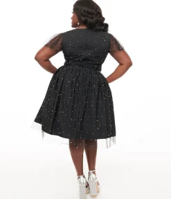 Magnolia Place Plus Size 1950s Black Faux Pearl Swing Dress