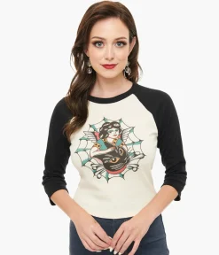 Mischief Made White & Black The Outlaw Lady Cat Cropped Graphic Tee