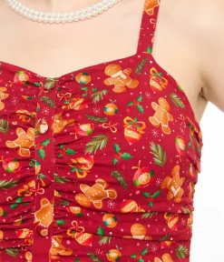 Miss Lulo 1950s Red Gingerbread Man Print Eden Fit & Flare Dress