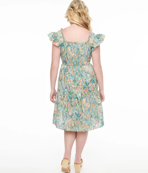 Multicolor Floral Painting Cotton Flare Dress
