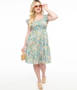 Multicolor Floral Painting Cotton Flare Dress
