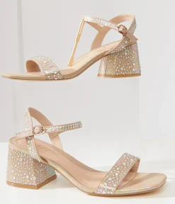 Nude & Silver Rhinestone Kitten Peep Toe Heels