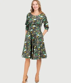Olive Green & Rain Forest Print Fit & Flare Dress