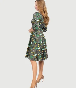 Olive Green & Rain Forest Print Fit & Flare Dress