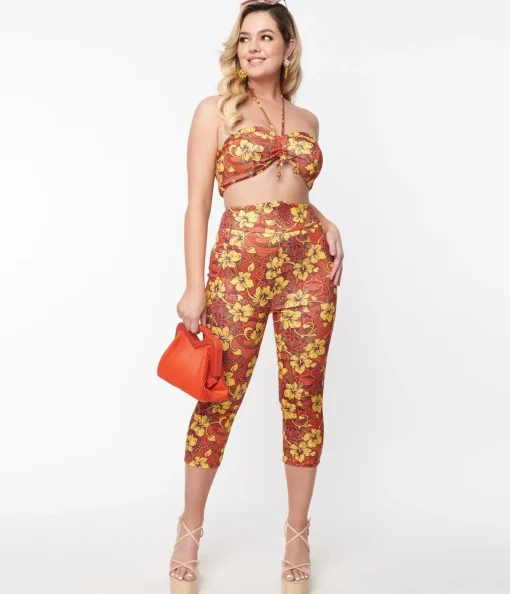Orange & Yellow Tropical Floral Mimosa Capris