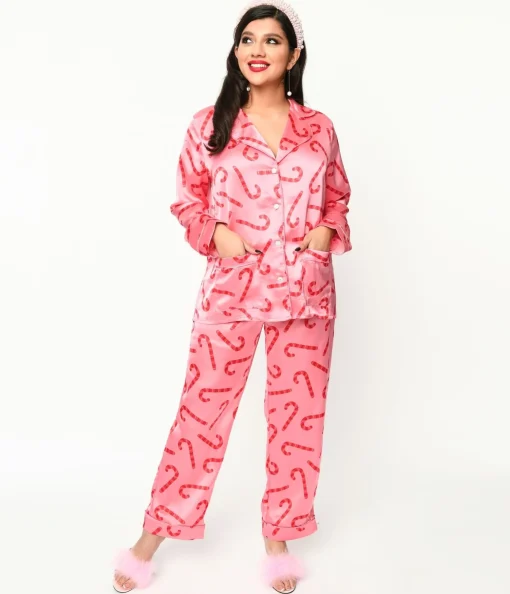 Pink Candy Cane Satin Pajama Set